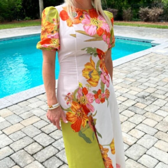 Floral Short Sleeve Tropical Silas  Puff Sleeve Crew Neck Midi Dress L - Picture 6 of 13